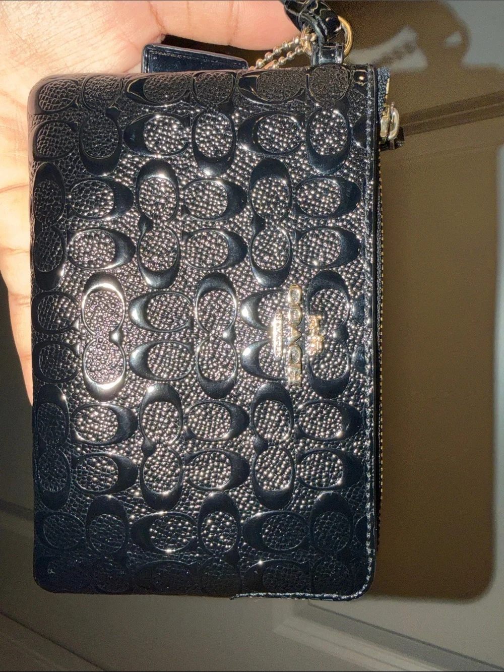 Coach Black Patent Embossed Signature Wristlet